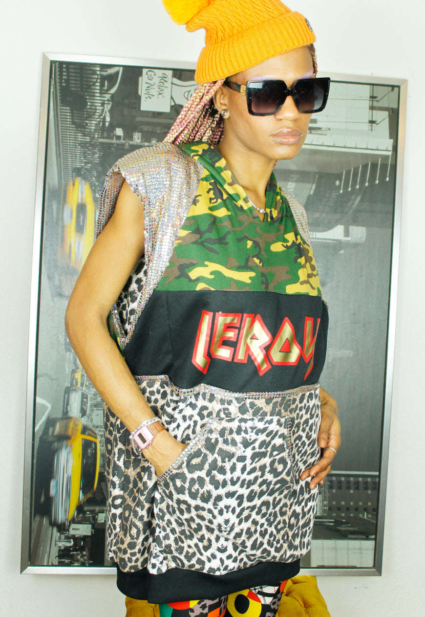 Anthrax Oversized Camouflage and leopard hooded sweat Top