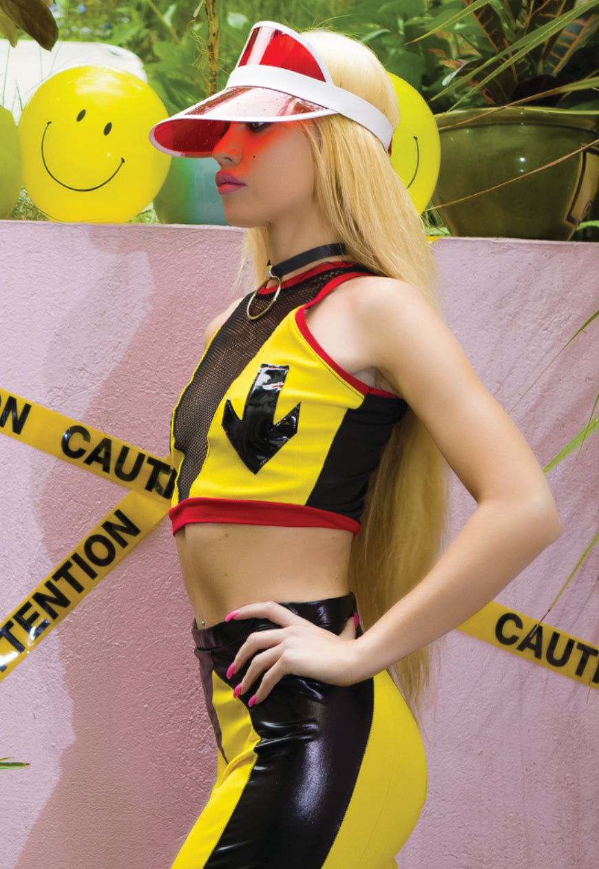 Caution crop top – yellow mesh front crop top with arrow appliques