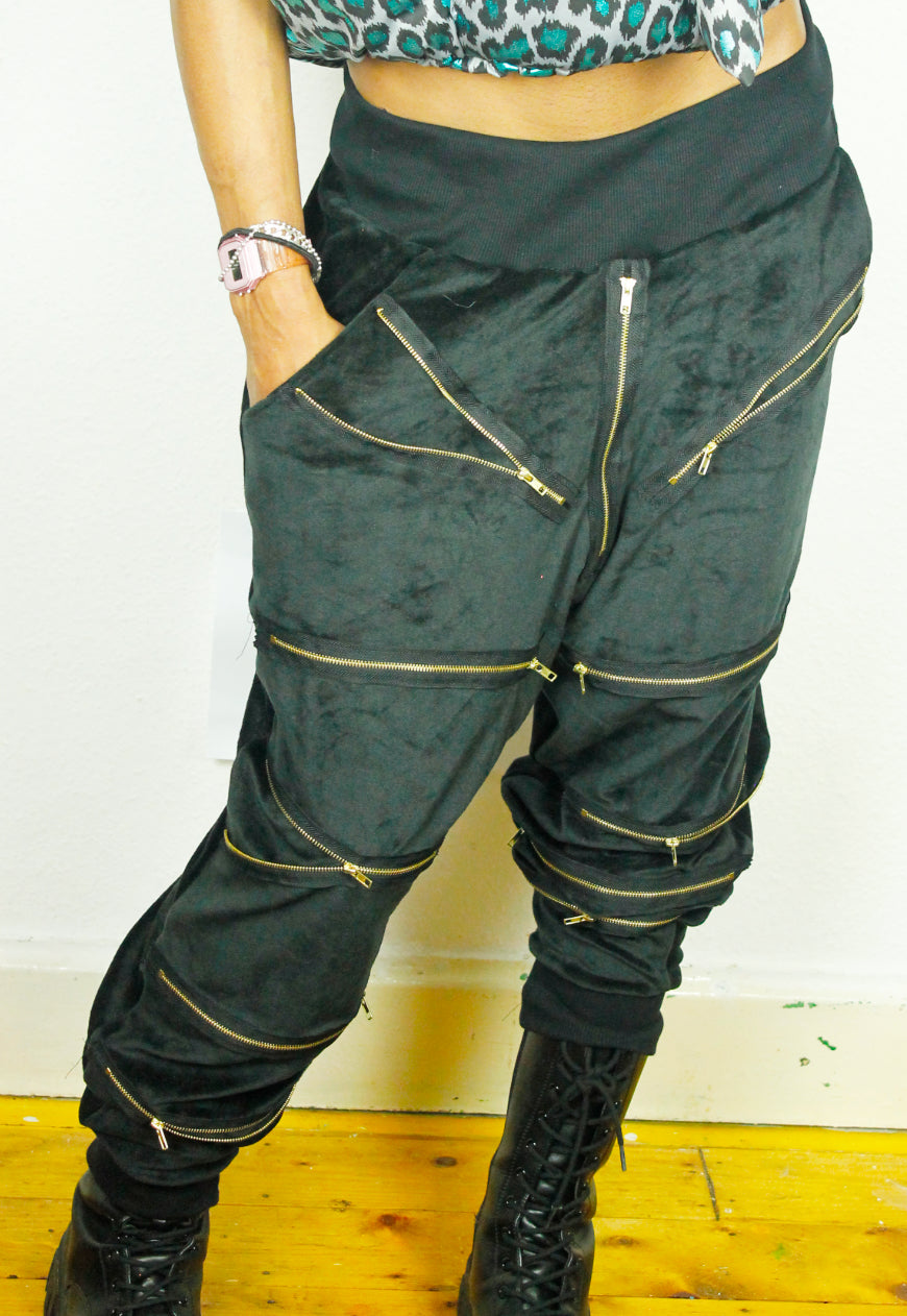 BONDAGE velour Jogging Pants with multi zip appliques
