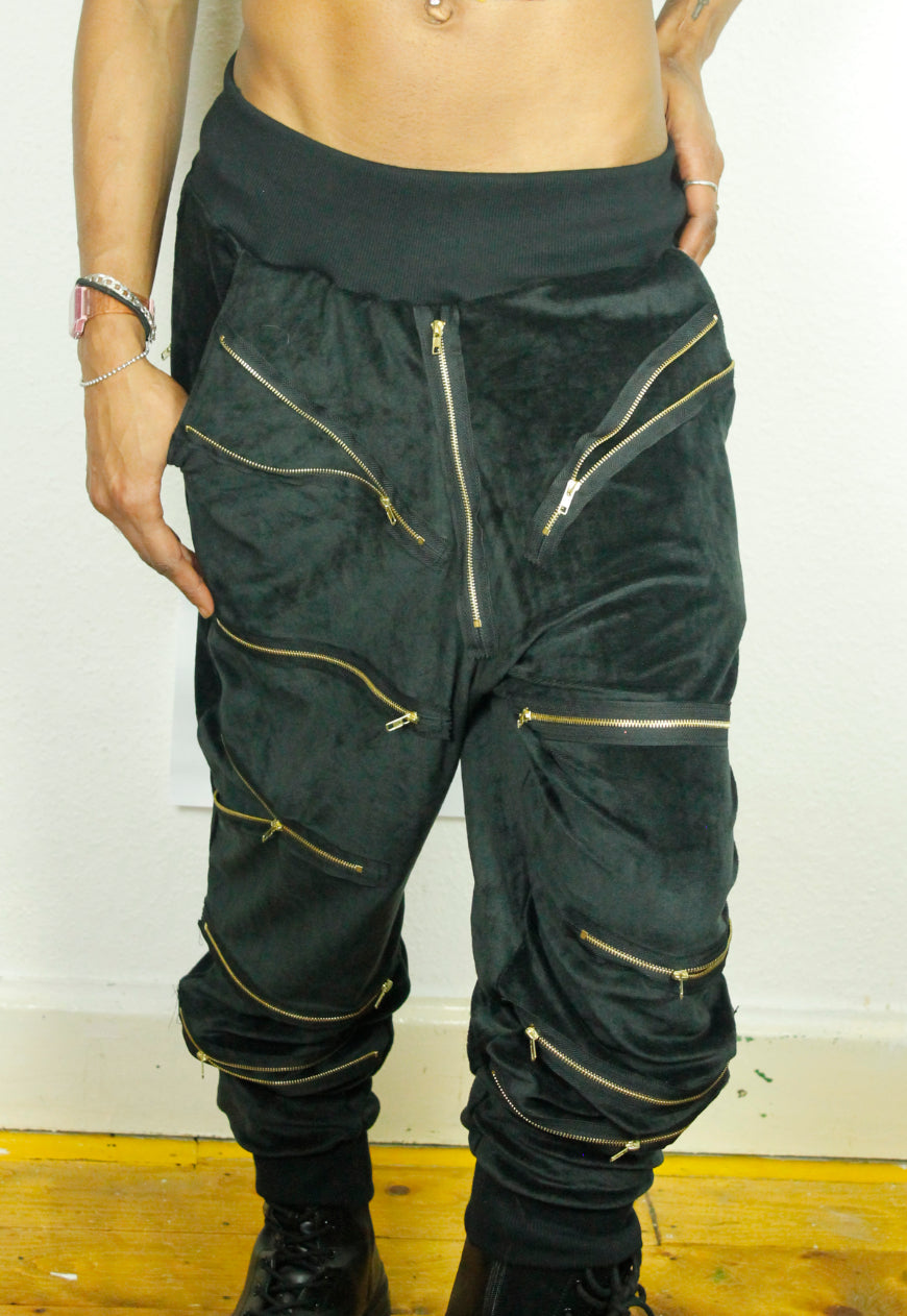 BONDAGE velour Jogging Pants with multi zip appliques