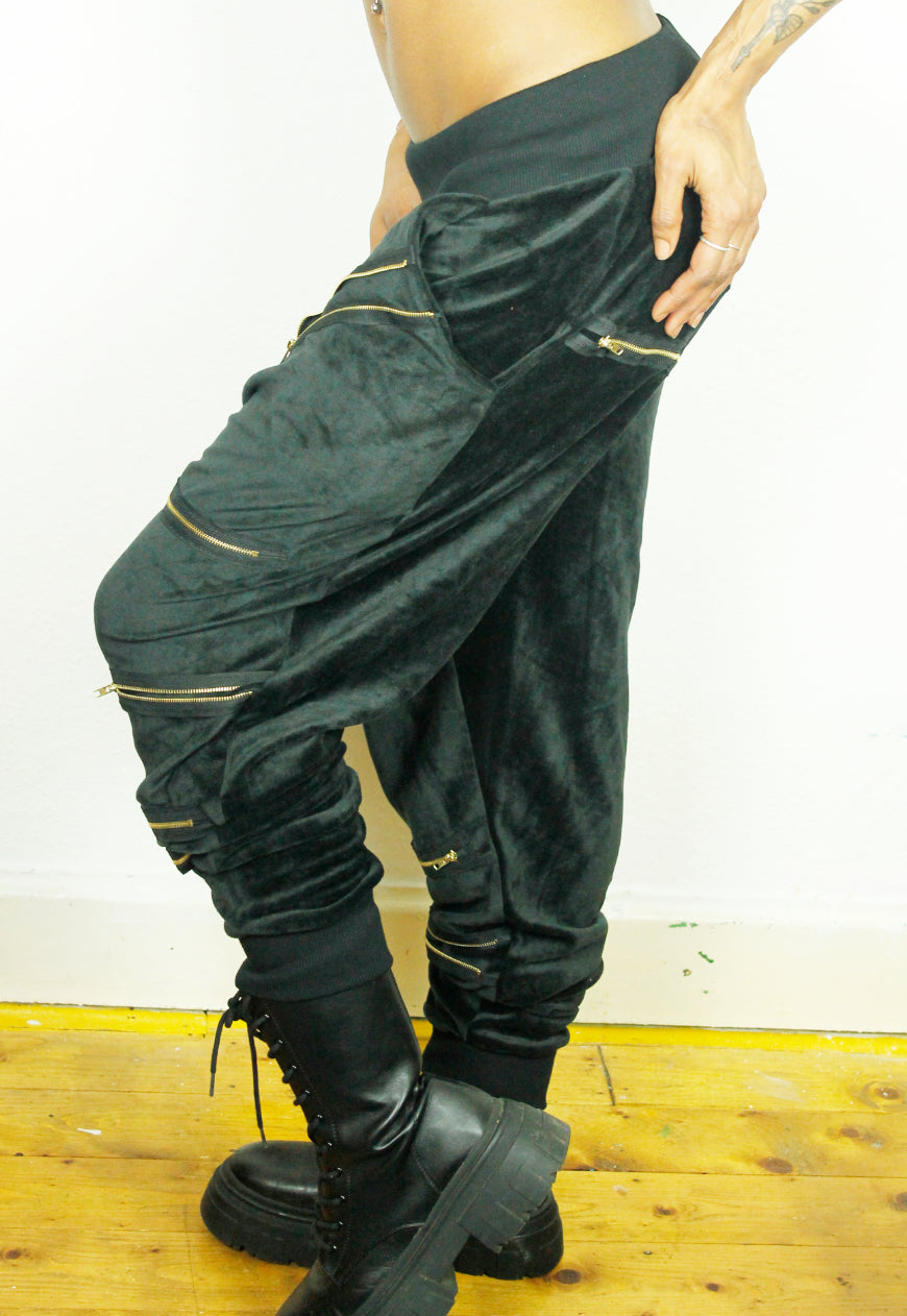BONDAGE velour Jogging Pants with multi zip appliques