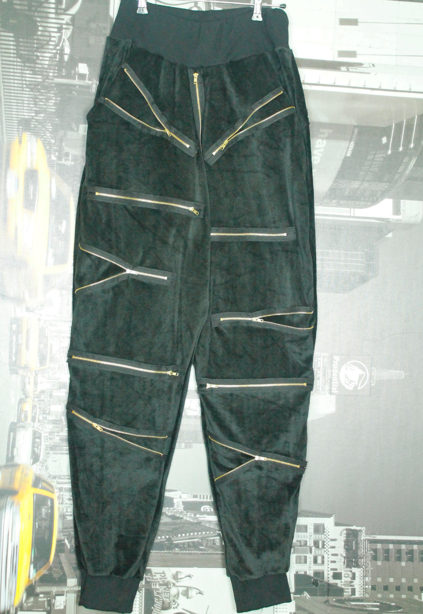 BONDAGE velour Jogging Pants with multi zip appliques