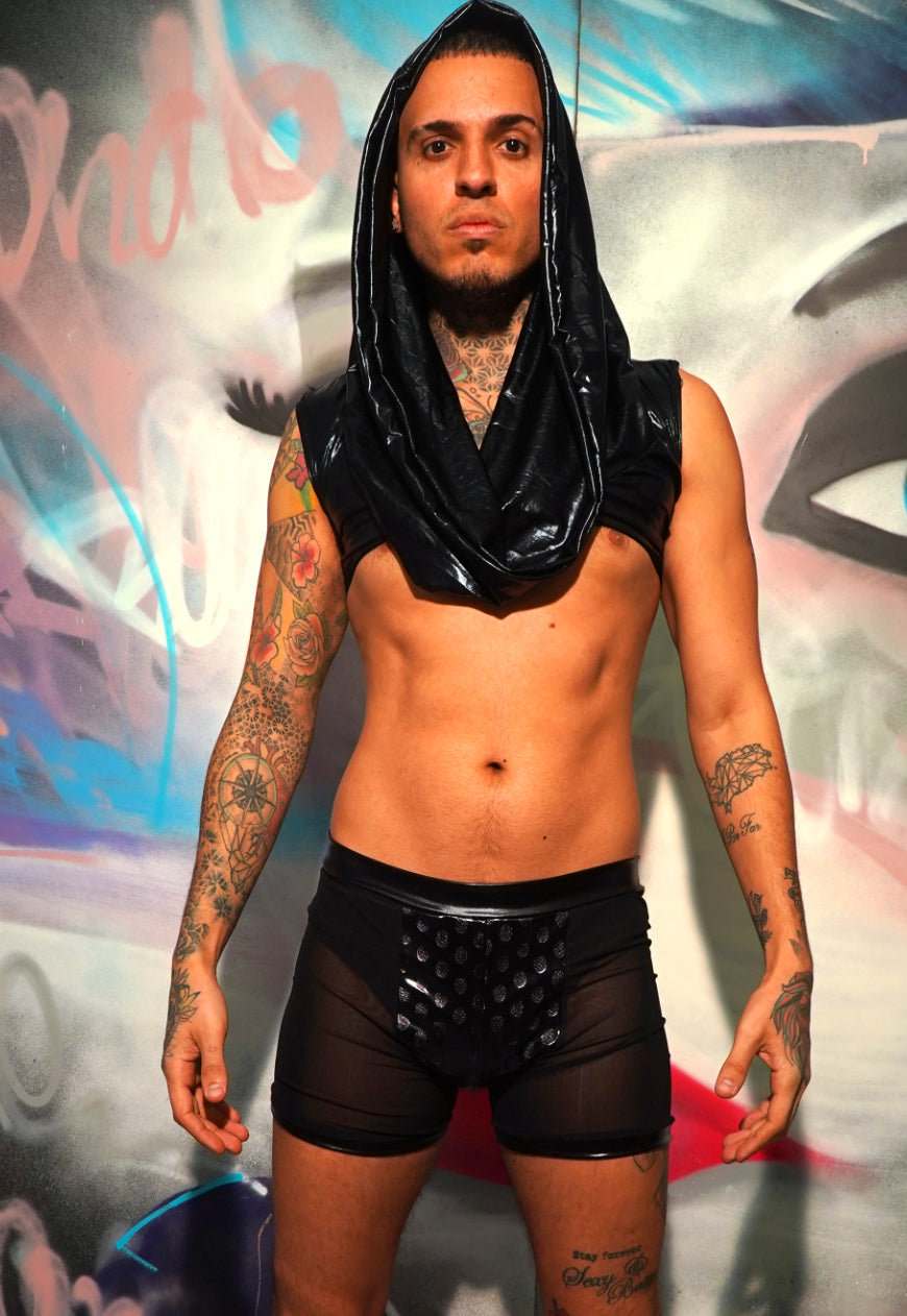 EROS - Faux leather Vinyl Extreme hooded crop Top