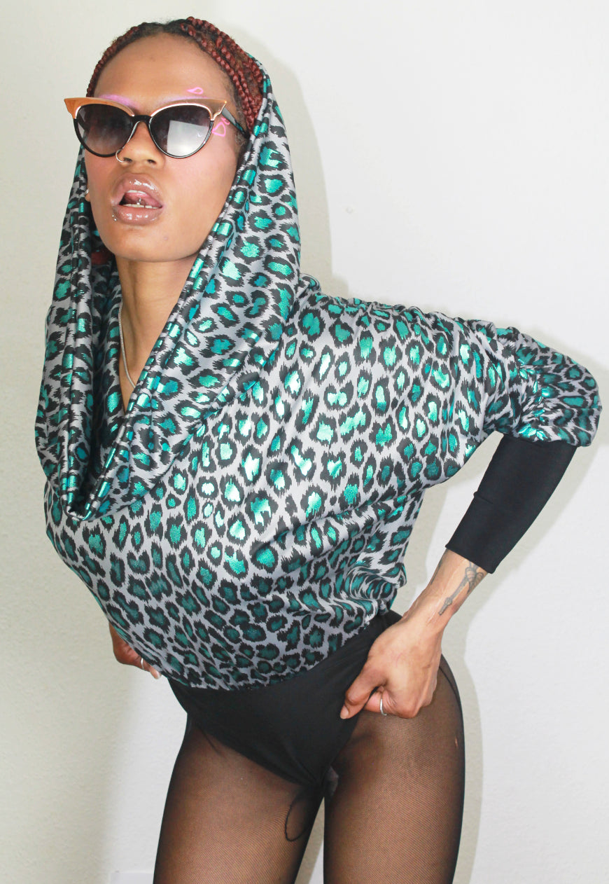 GaGa - Metallic Blue Leopard Hooded Batwing Bodysuit