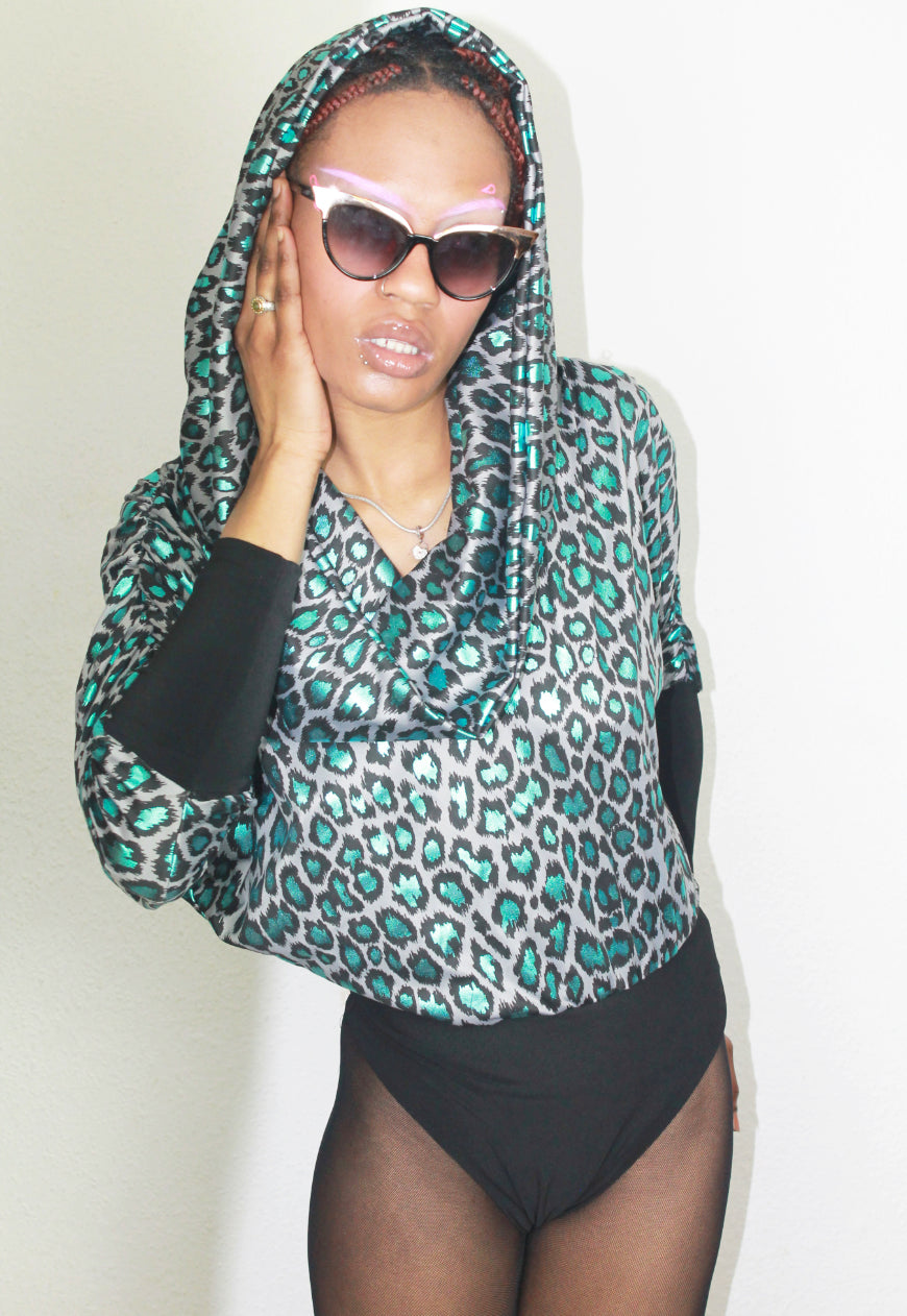 GaGa - Metallic Blue Leopard Hooded Batwing Bodysuit