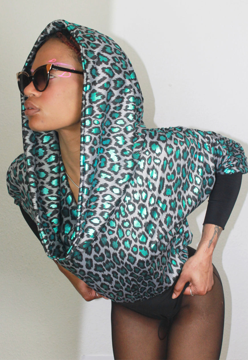 GaGa - Metallic Blue Leopard Hooded Batwing Bodysuit