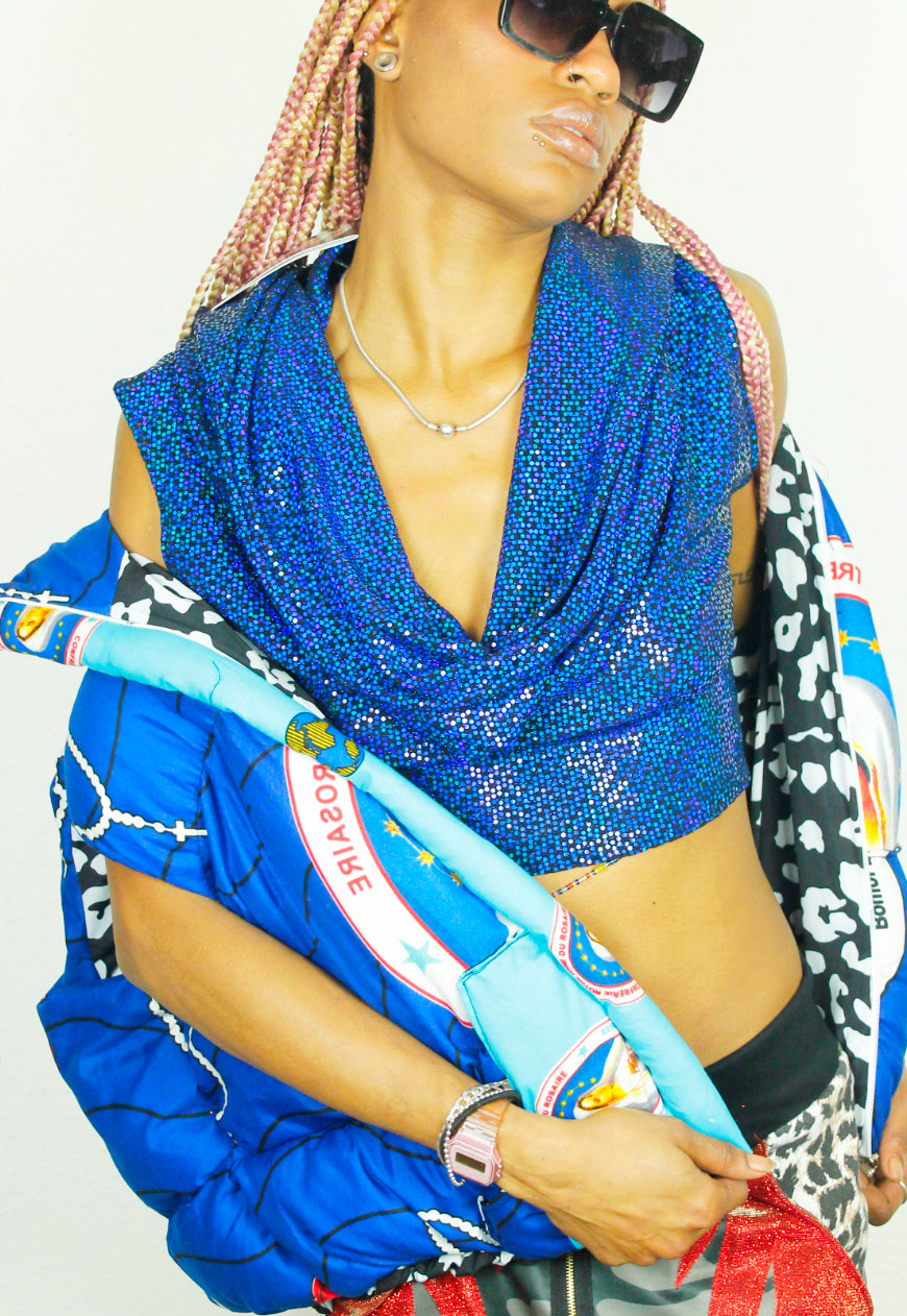 HERA Midnight blue sequin hooded cowl neck crop top