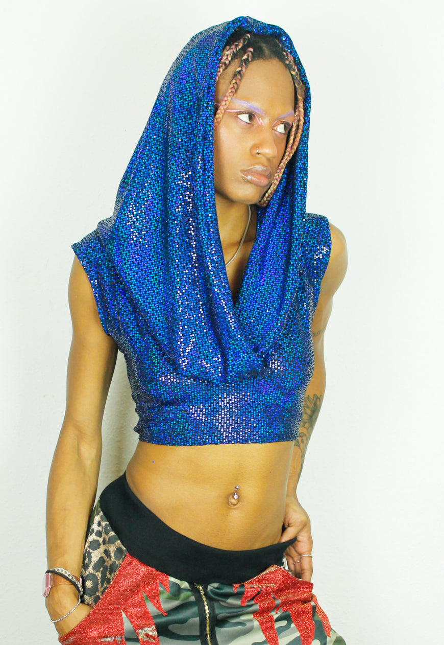 HERA Midnight blue sequin hooded cowl neck crop top