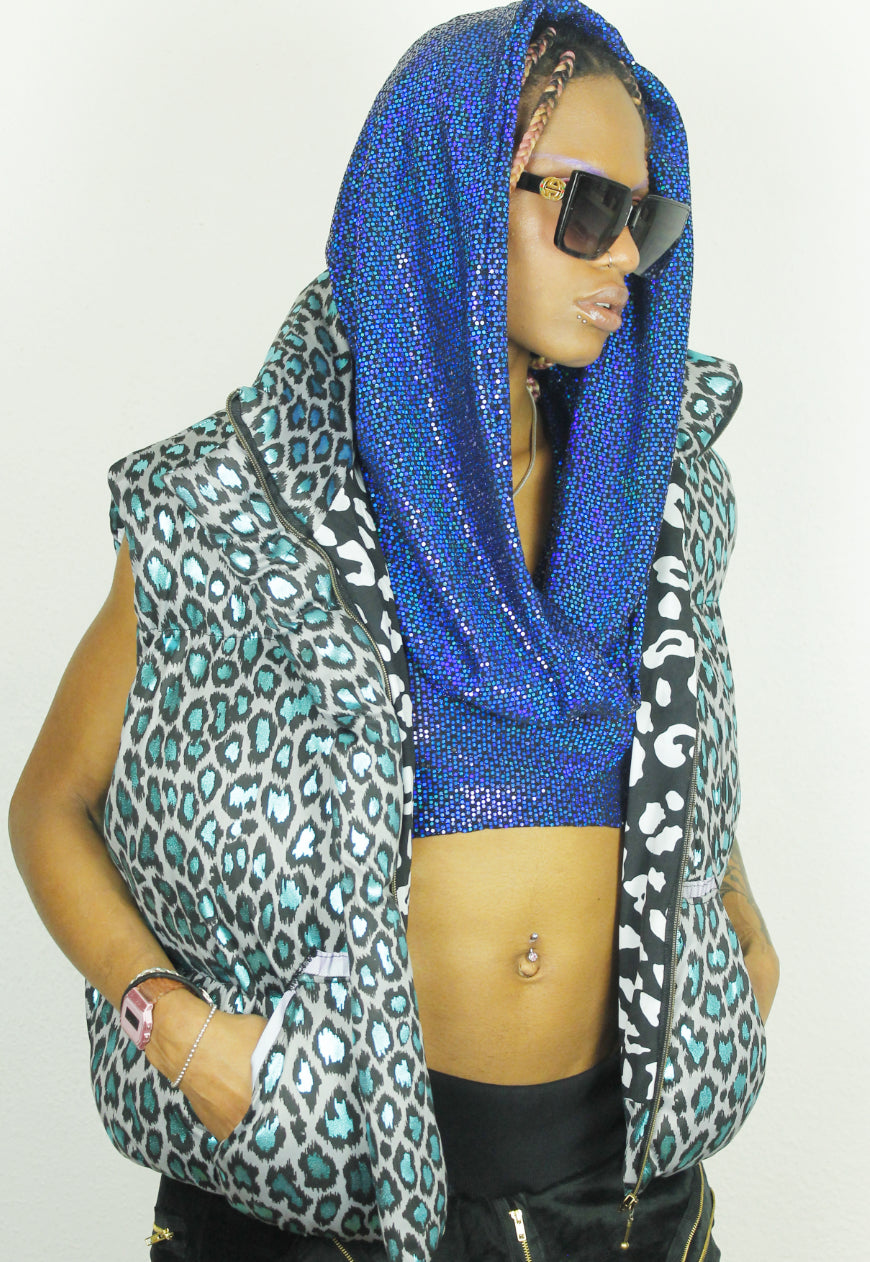 HERA Midnight blue sequin hooded cowl neck crop top