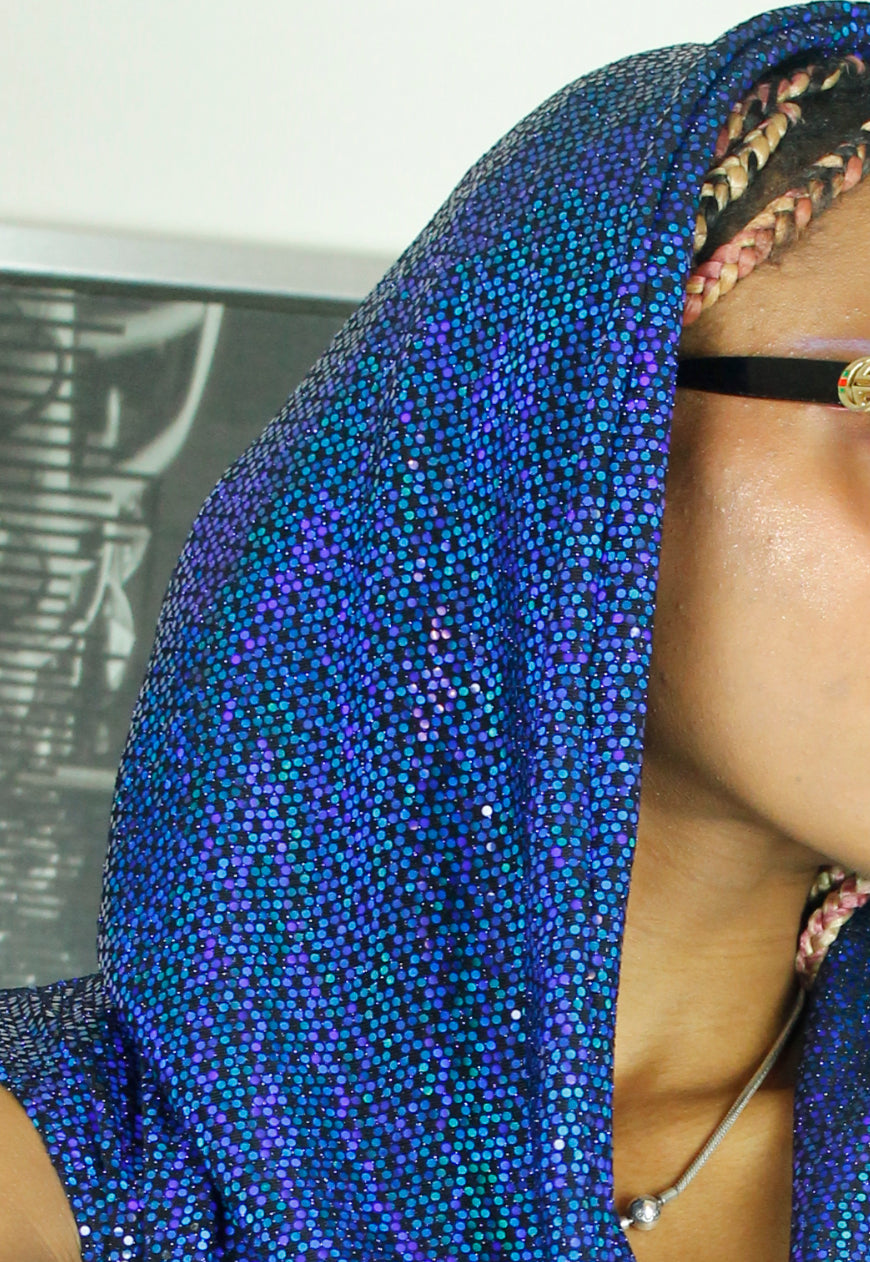 HERA Midnight blue sequin hooded cowl neck crop top
