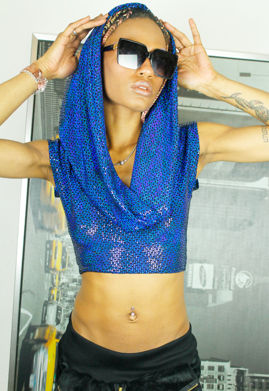 HERA Midnight blue sequin hooded cowl neck crop top