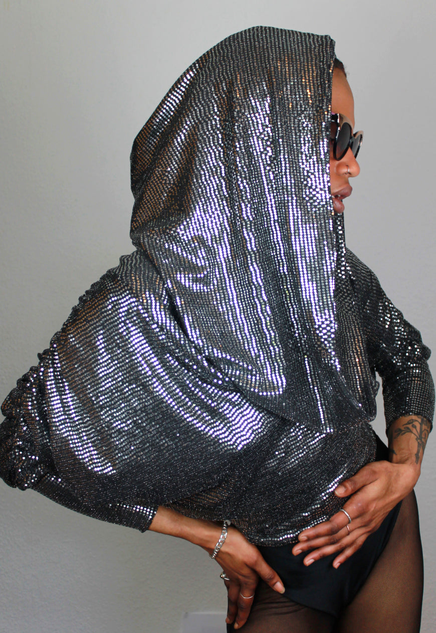 Grace - Silver Sequin Hooded Batwing Bodysuit
