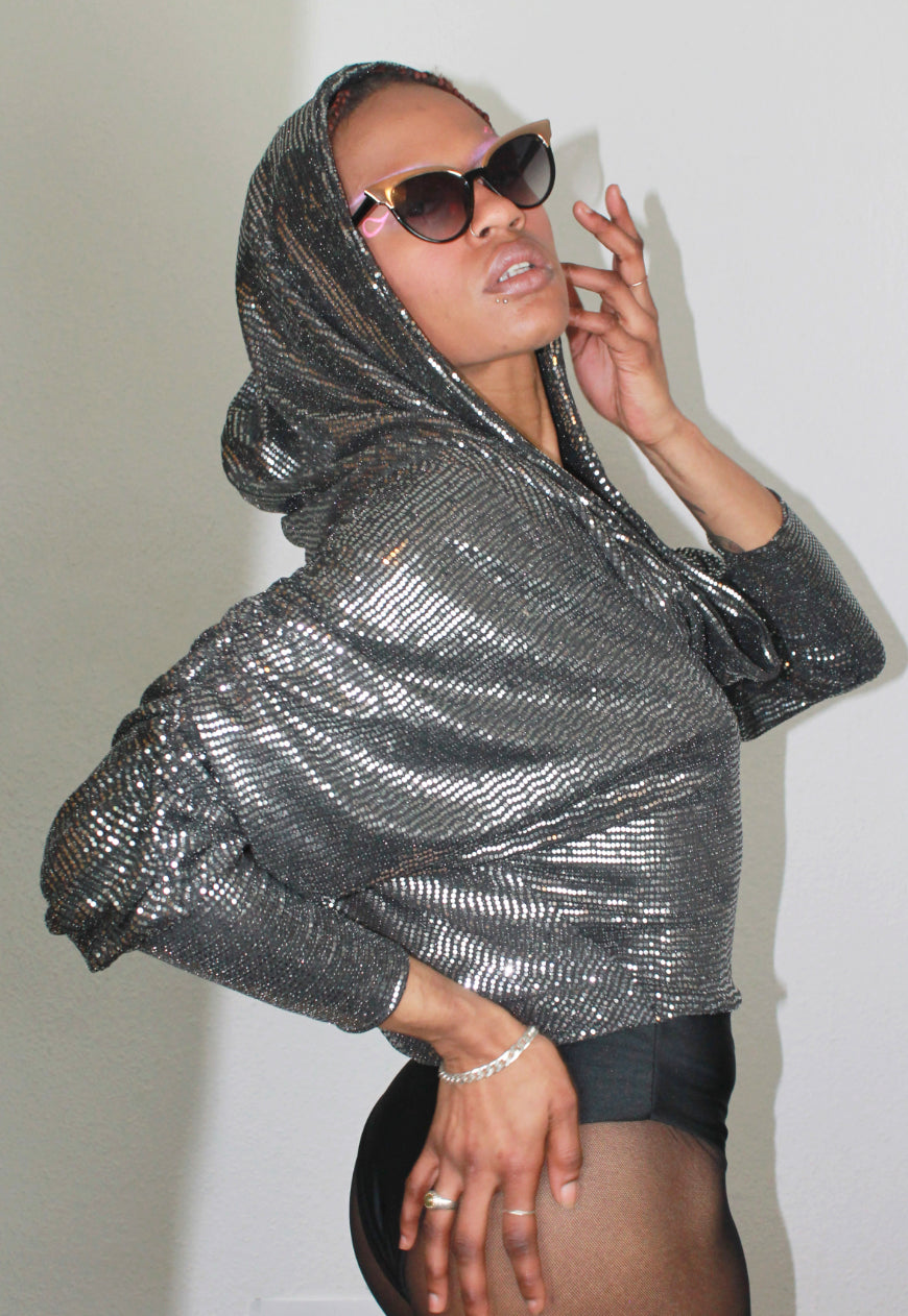 Grace - Silver Sequin Hooded Batwing Bodysuit