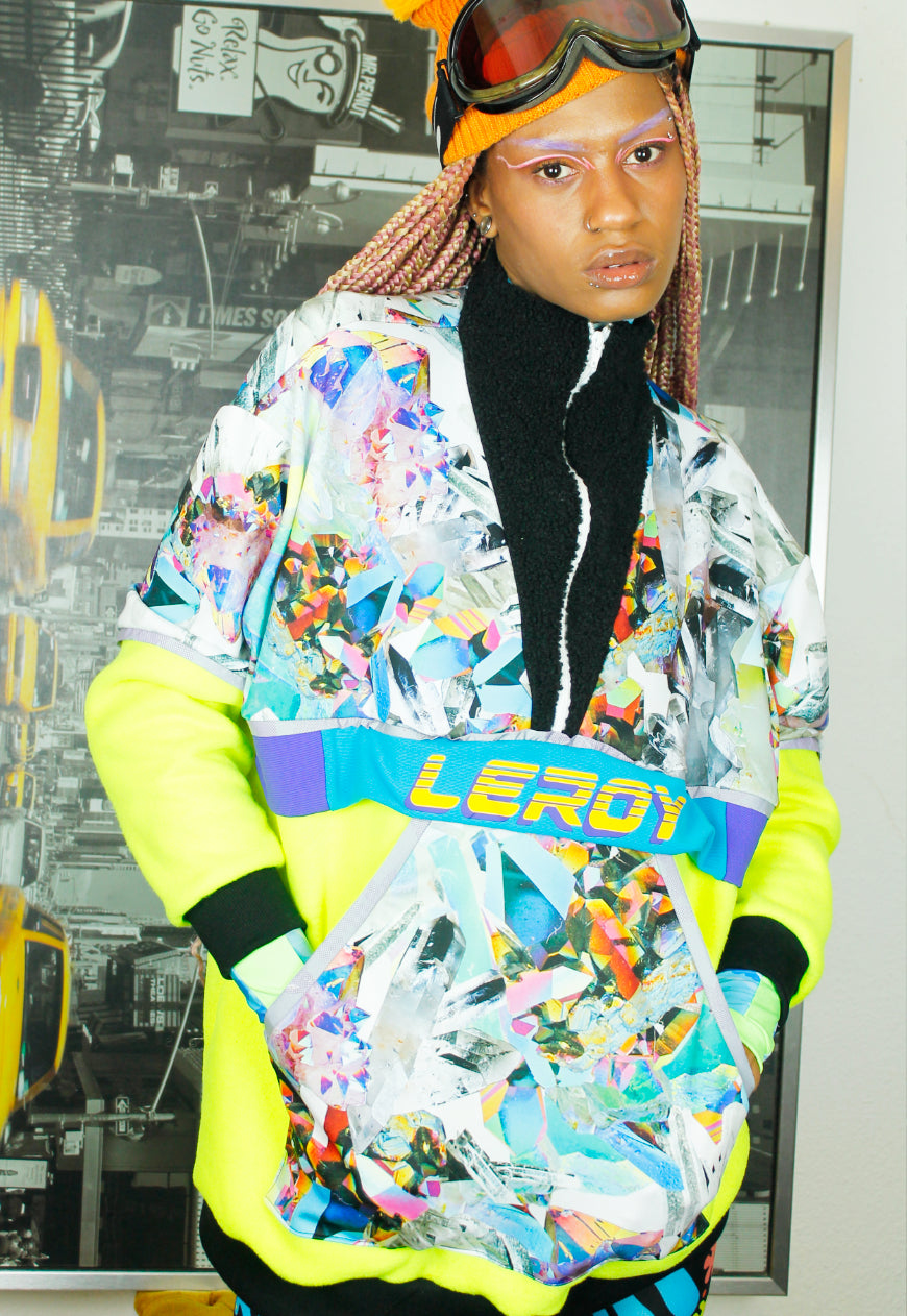 Iceberg logo panelled oversized fleece in Neon yellow and multi crystal print.
