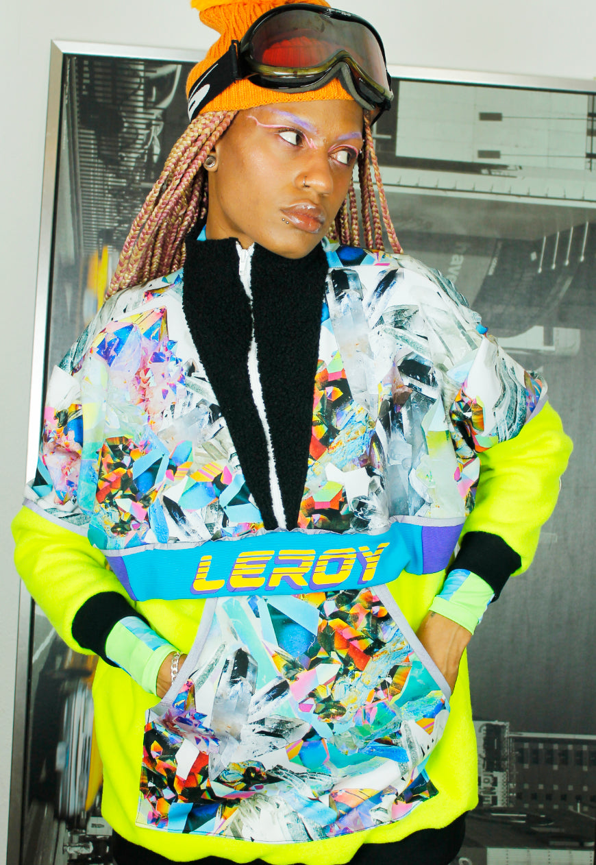 Iceberg logo panelled oversized fleece in Neon yellow and multi crystal print.