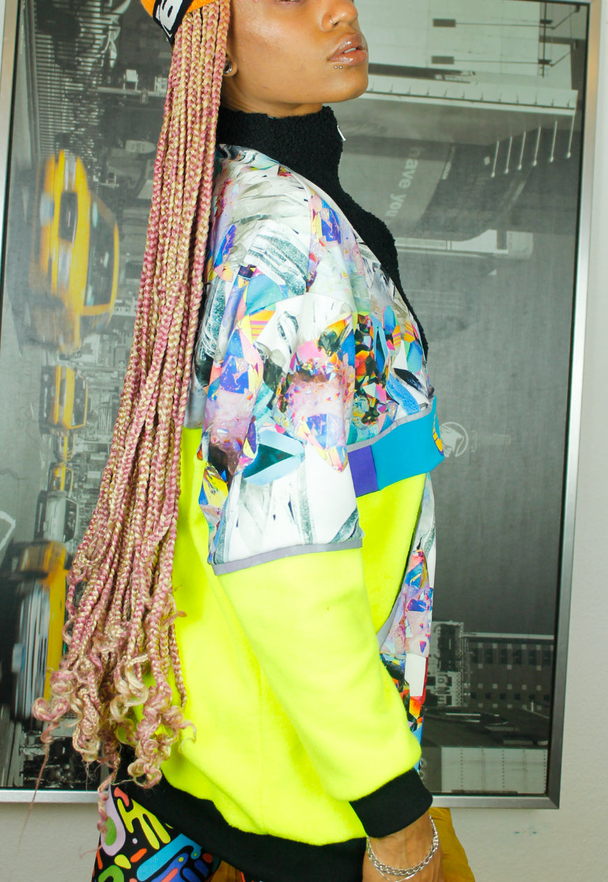 Iceberg logo panelled oversized fleece in Neon yellow and multi crystal print.