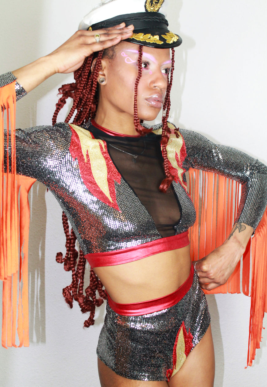 Inferno Sequin top with Flame shoulders Mesh front and Orange Fringing
