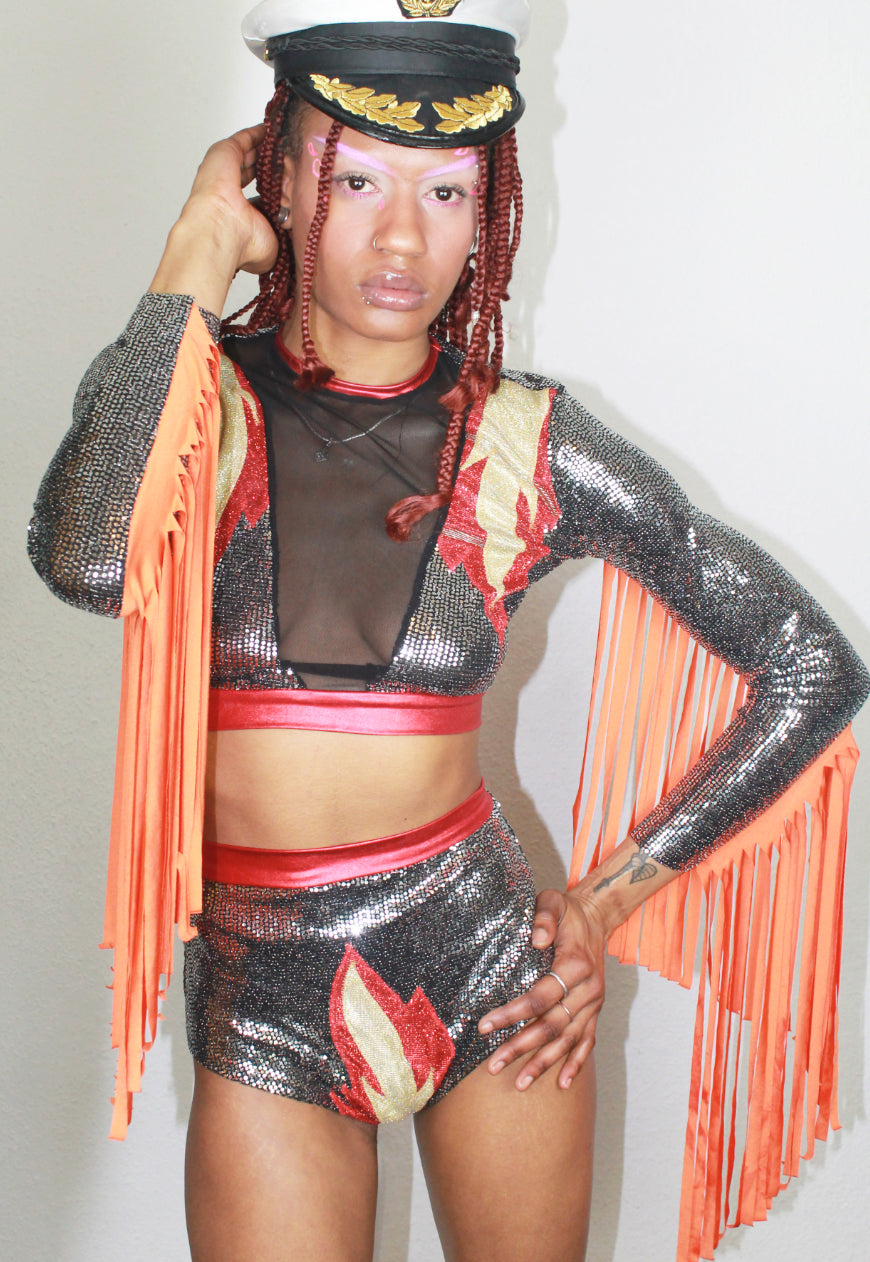 Inferno Sequin top with Flame shoulders Mesh front and Orange Fringing