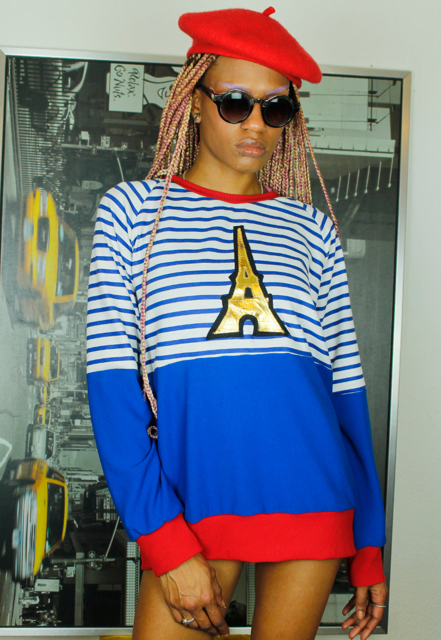 Last Tango In Paris Oversized Sweat top in stripe with Eiffel tower applique