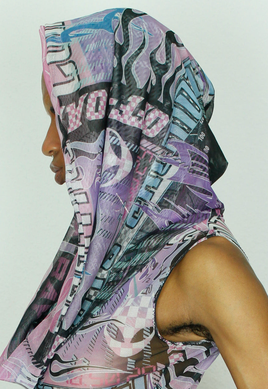 MANGA - Mesh purple Manga racer girl print and cowl zebra jumpsuit