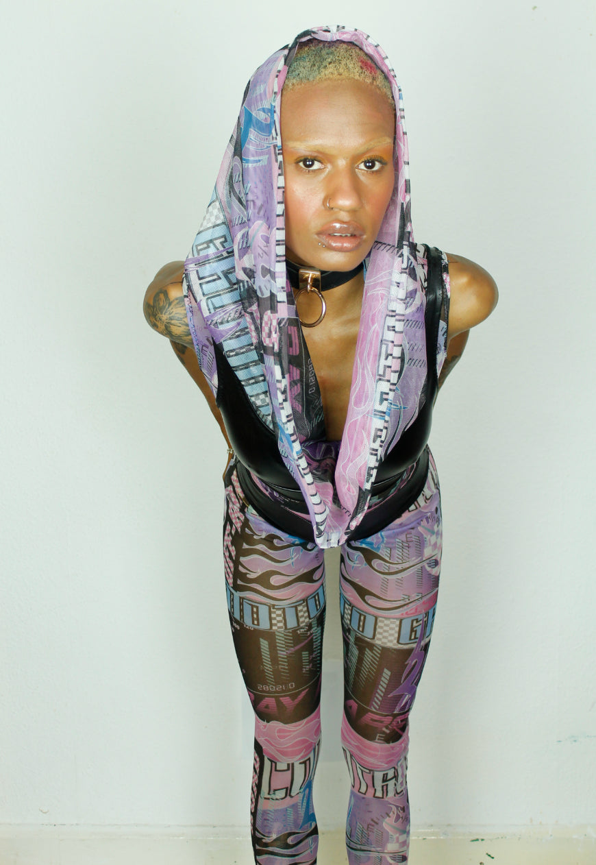 MANGA - Mesh purple Manga racer girl print and cowl zebra jumpsuit