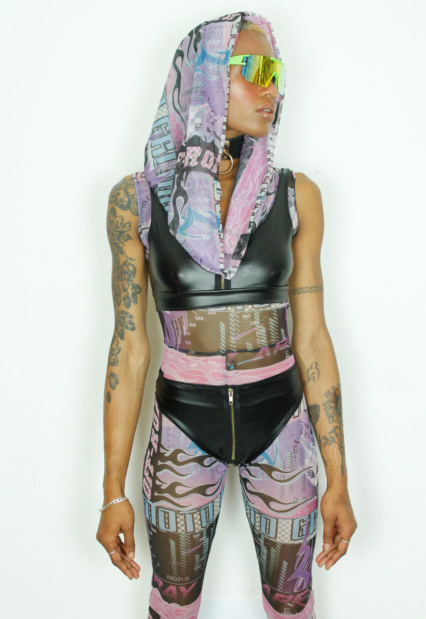 MANGA - Mesh purple Manga racer girl print and cowl zebra jumpsuit