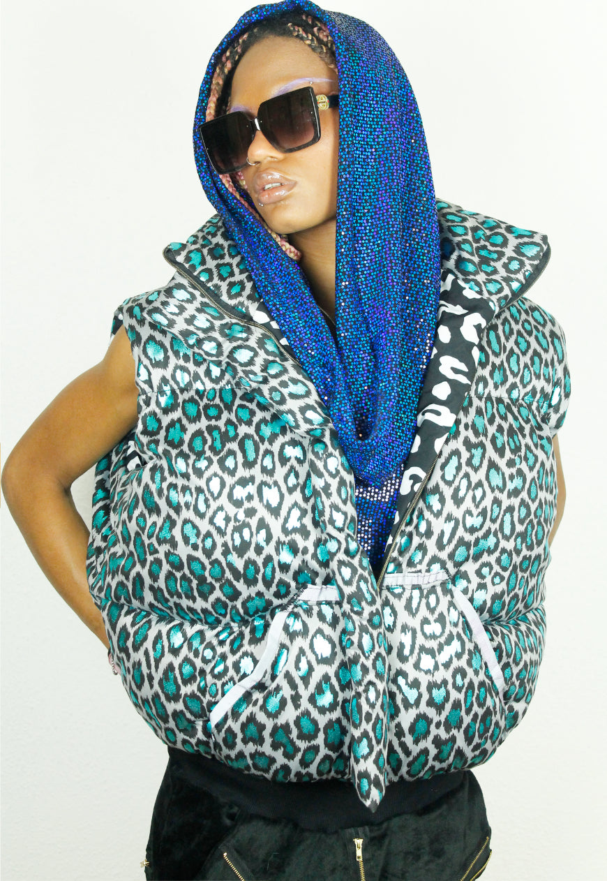 MONGOLIA metallic leopard handmade oversized BODYWARMER Gillet