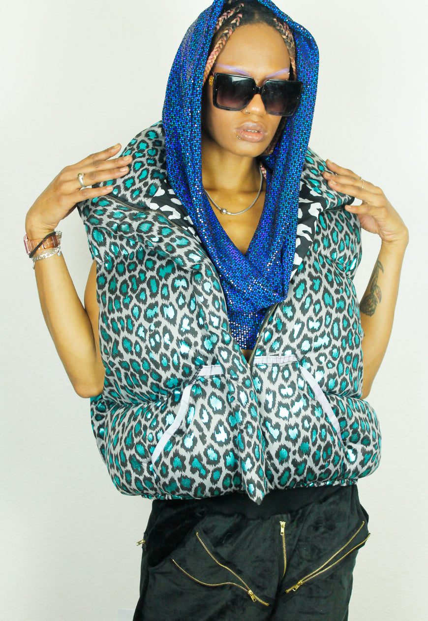 MONGOLIA metallic leopard handmade oversized BODYWARMER Gillet