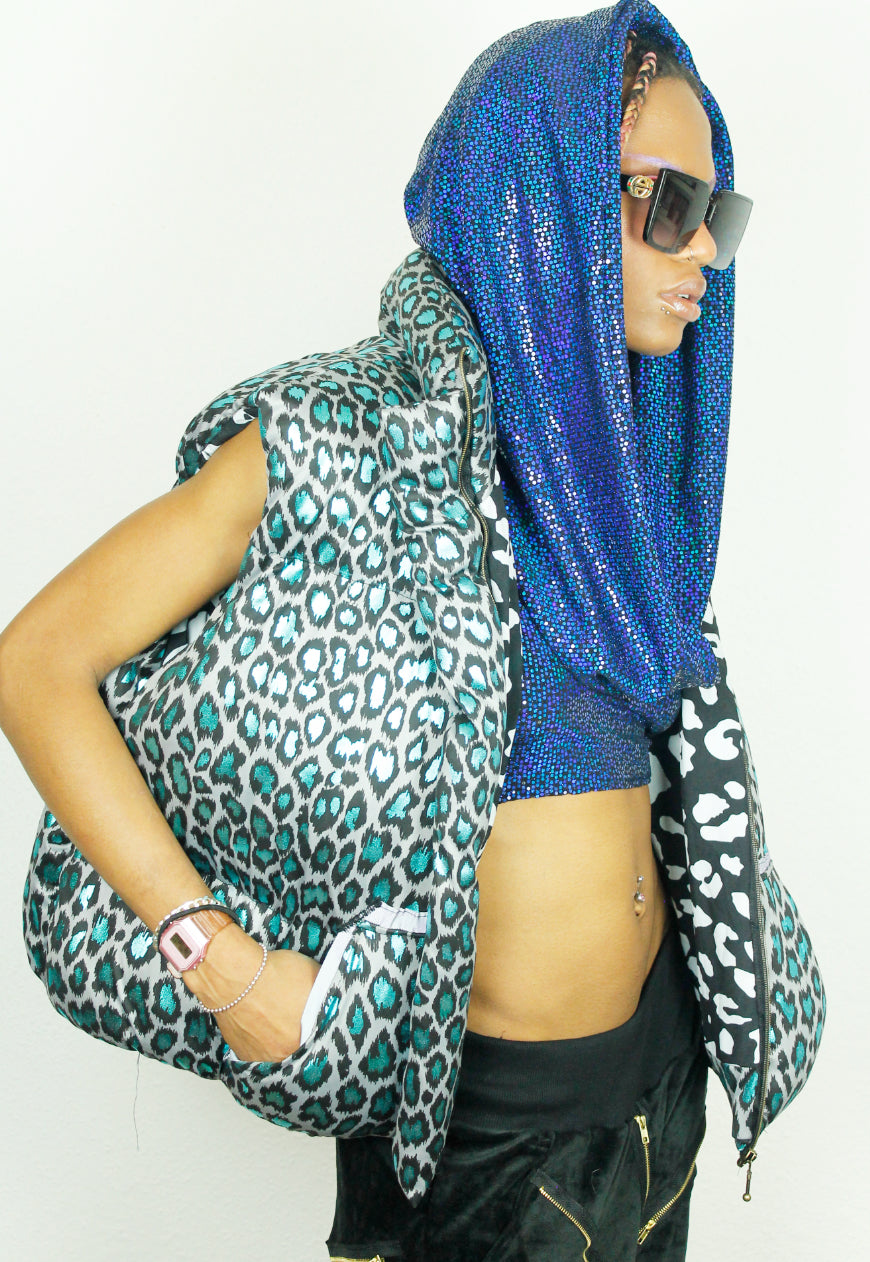 MONGOLIA metallic leopard handmade oversized BODYWARMER Gillet