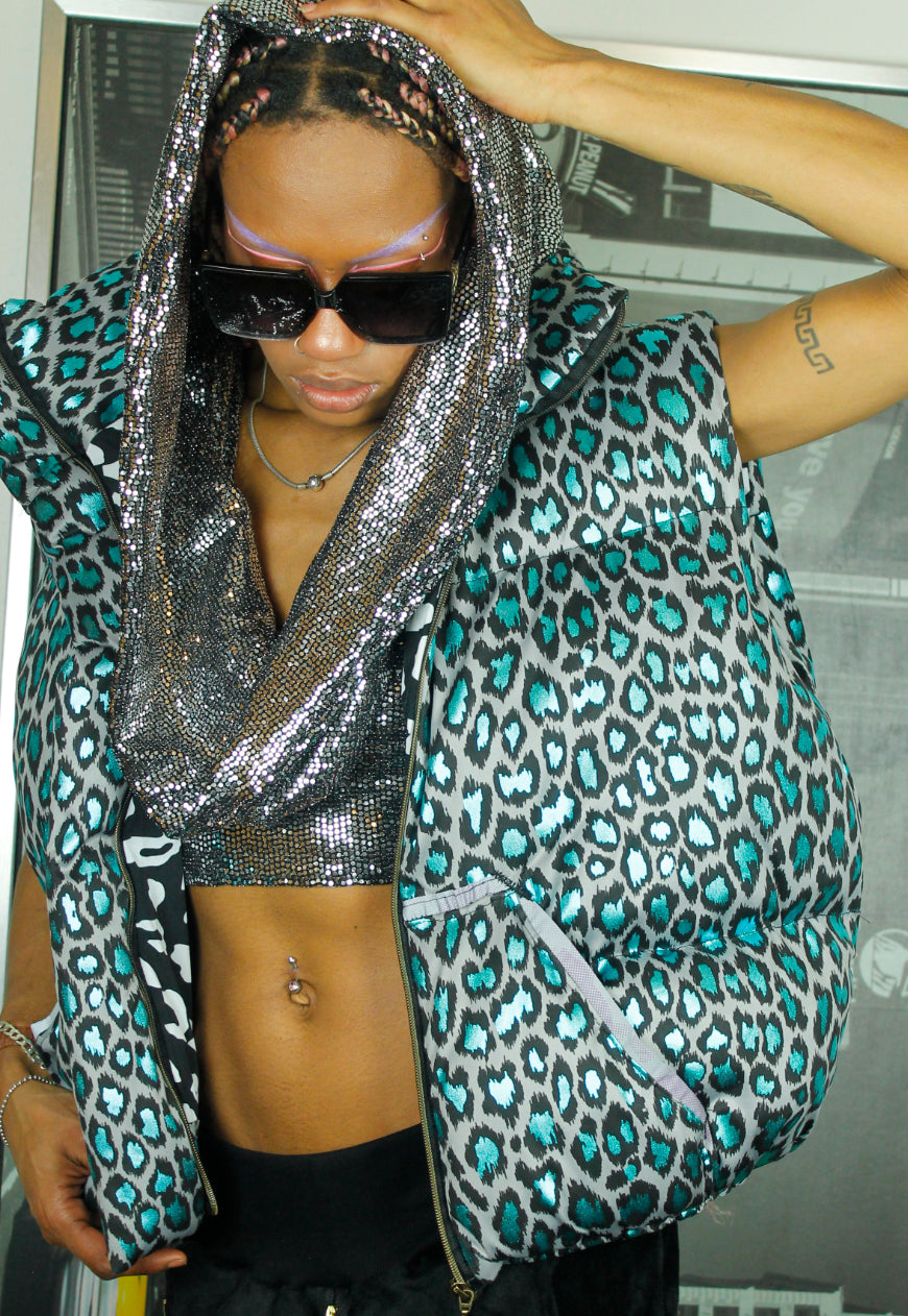 MONGOLIA metallic leopard handmade oversized BODYWARMER Gillet