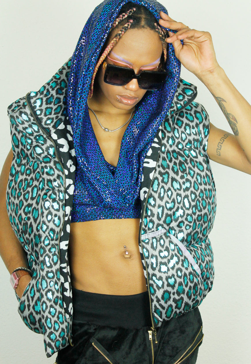MONGOLIA metallic leopard handmade oversized BODYWARMER Gillet