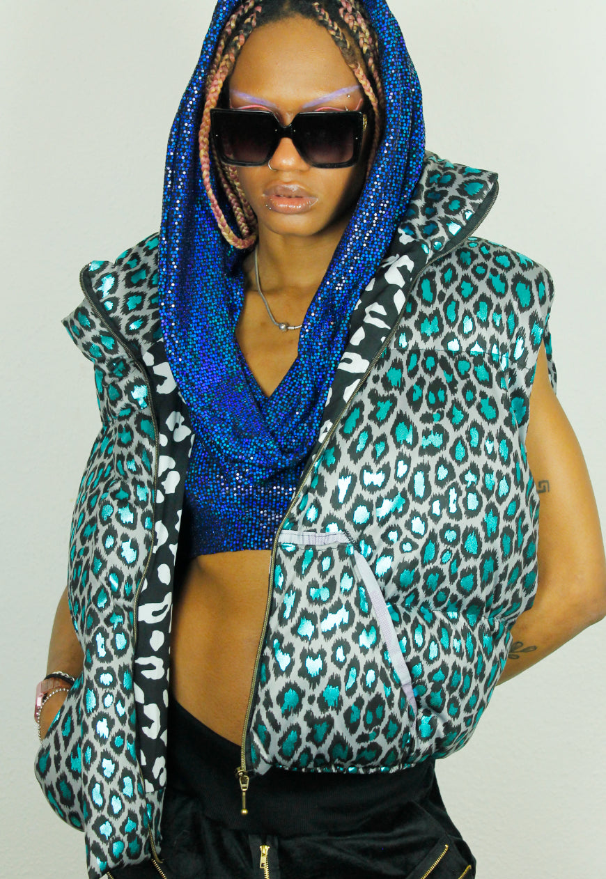 MONGOLIA metallic leopard handmade oversized BODYWARMER Gillet