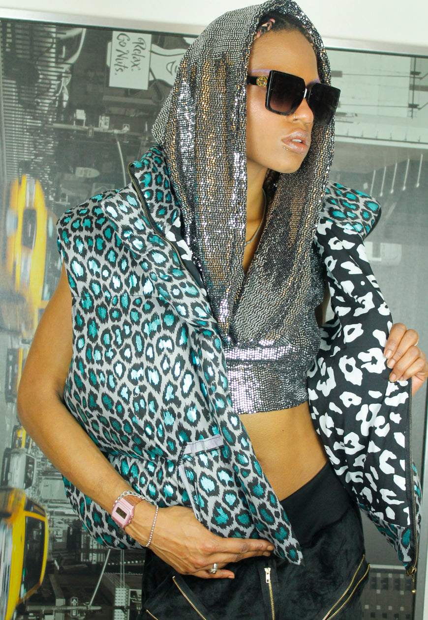 ATHENA silver sequin hooded cowl neck crop top