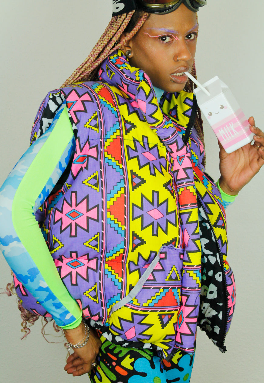 Neon Tribal handmade oversized multicolour BODYWARMER Gillet