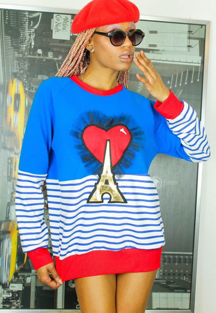 One Night in Paris Sweat Top in stripe with Eiffel tower applique