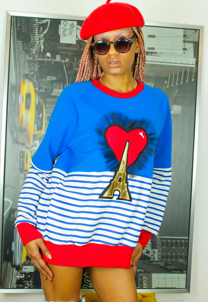 One Night in Paris Sweat Top in stripe with Eiffel tower applique