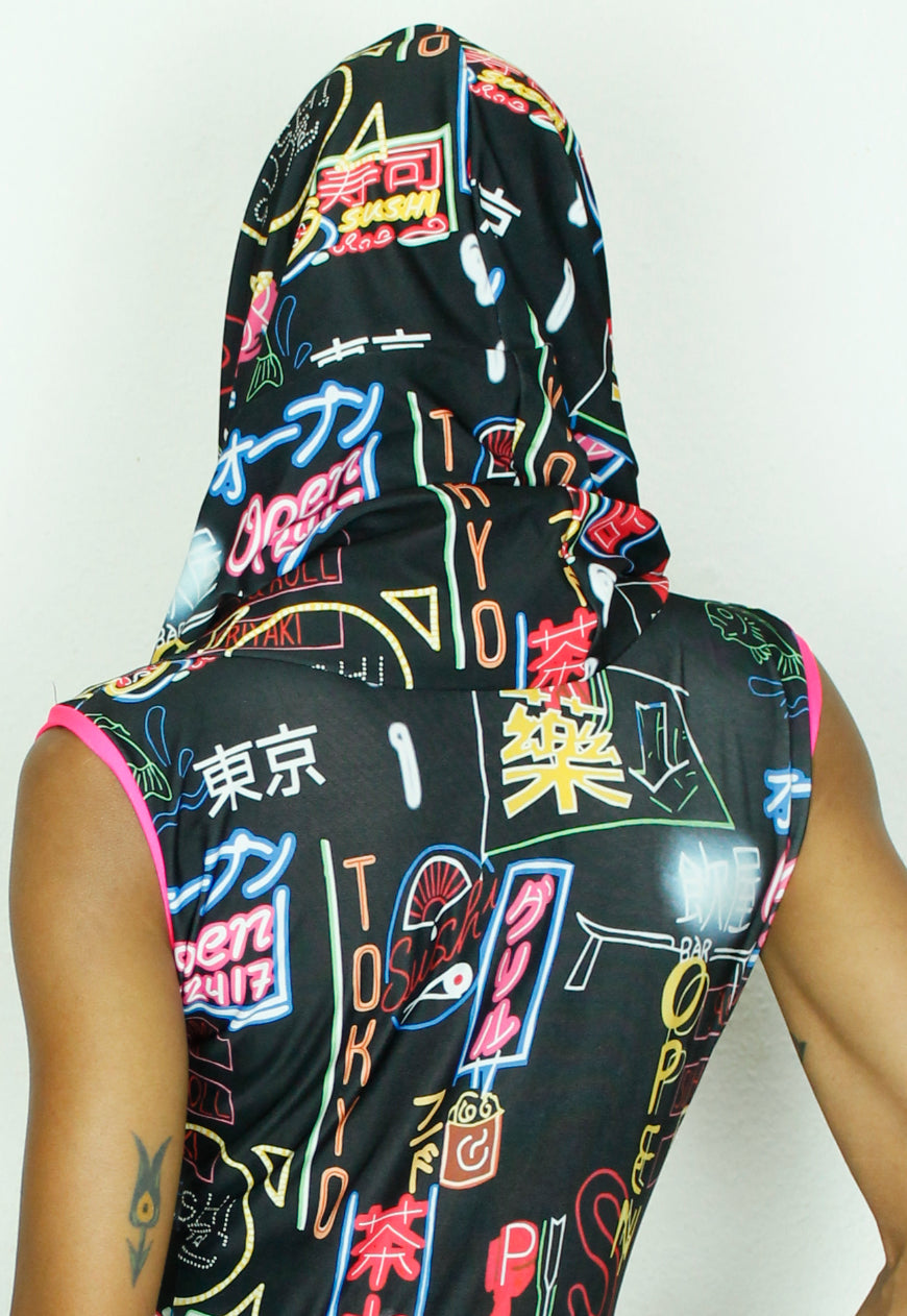 OSAKA - Hooded black cowl neck jumpsuit with neon sign graphic print