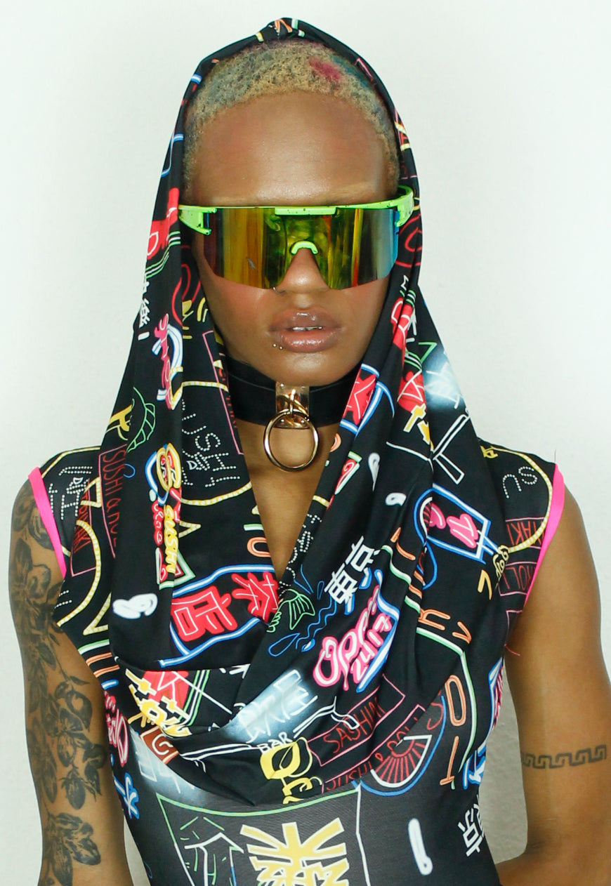 OSAKA - Hooded black cowl neck jumpsuit with neon sign graphic print