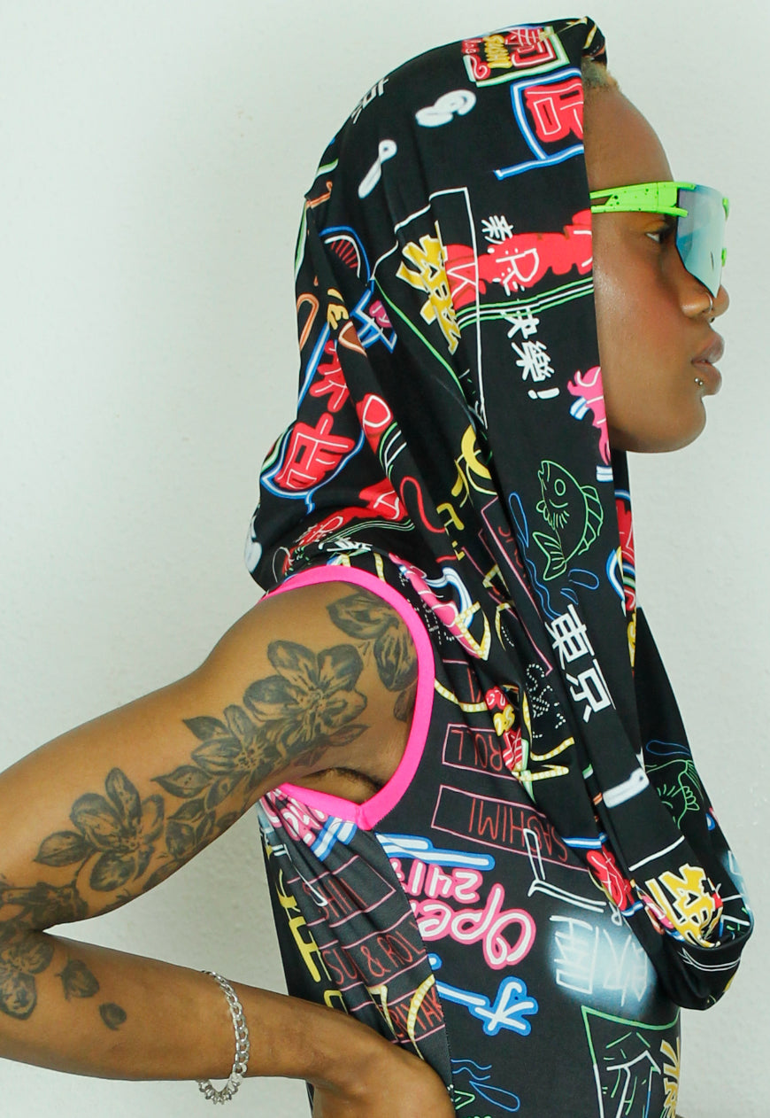 OSAKA - Hooded black cowl neck jumpsuit with neon sign graphic print
