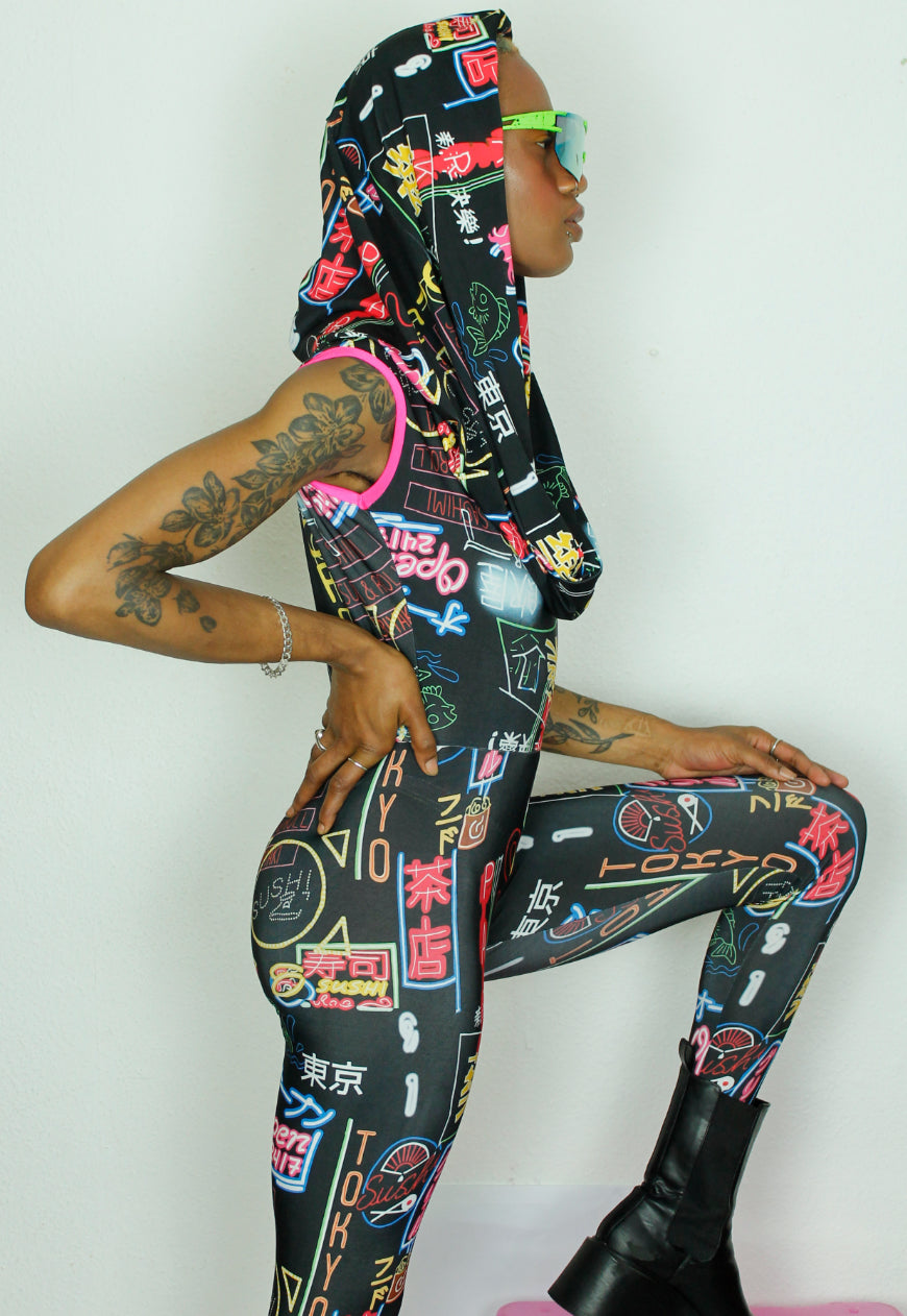 OSAKA - Hooded black cowl neck jumpsuit with neon sign graphic print