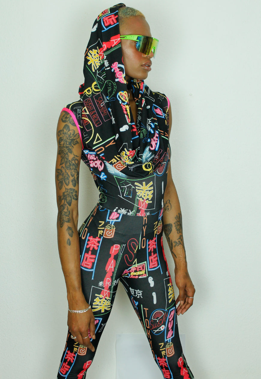 OSAKA - Hooded black cowl neck jumpsuit with neon sign graphic print
