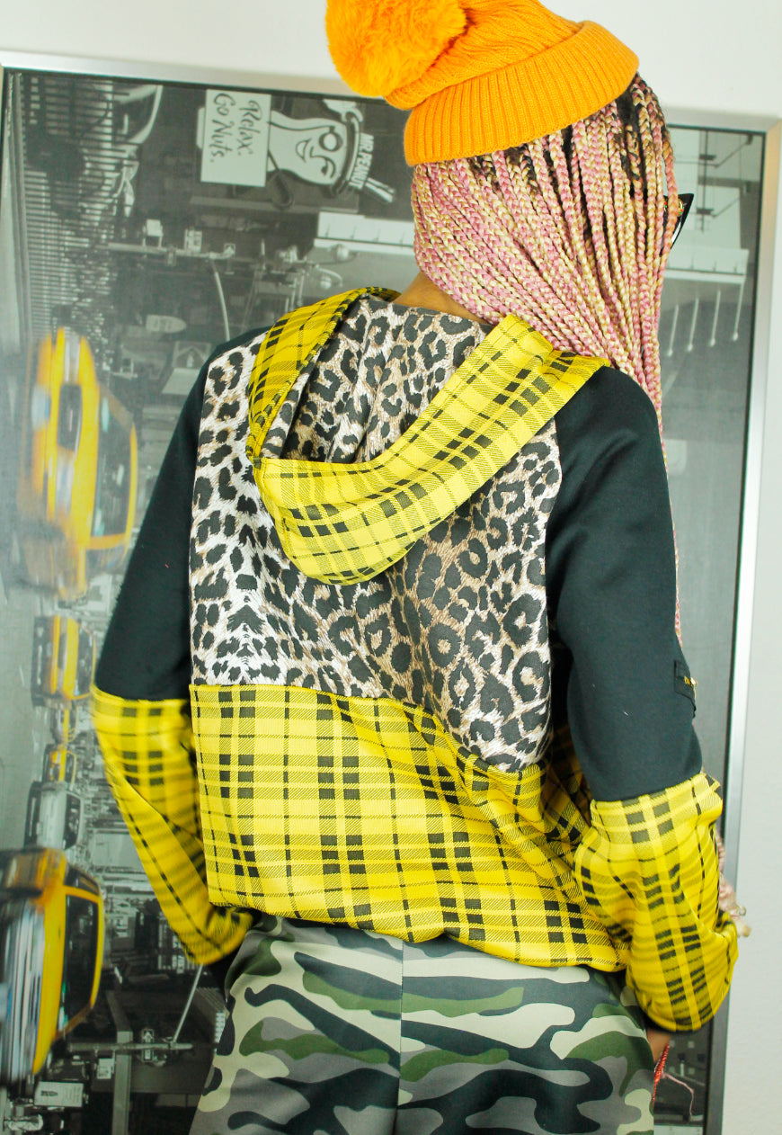ROCKSTAR Grunge yellow tartan and leopard Hoodie with logo panel