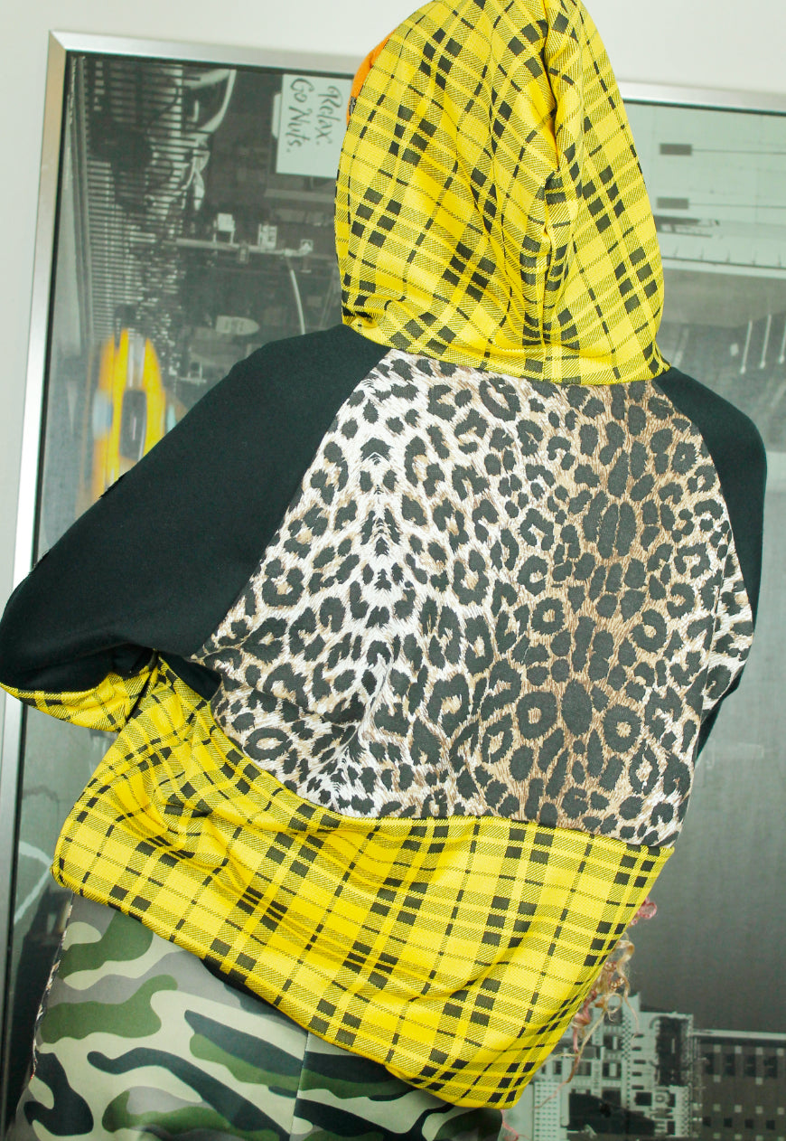 ROCKSTAR Grunge yellow tartan and leopard Hoodie with logo panel