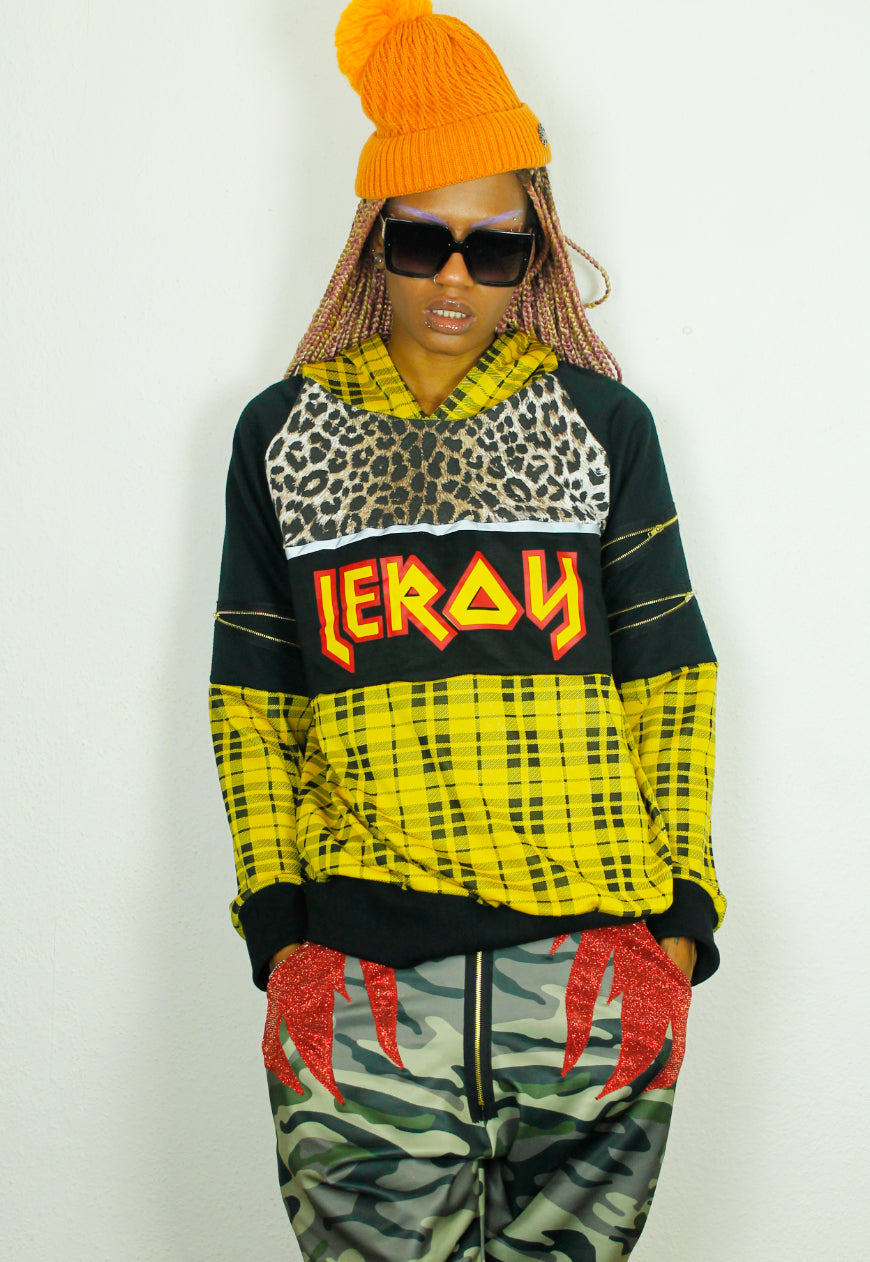 ROCKSTAR Grunge yellow tartan and leopard Hoodie with logo panel