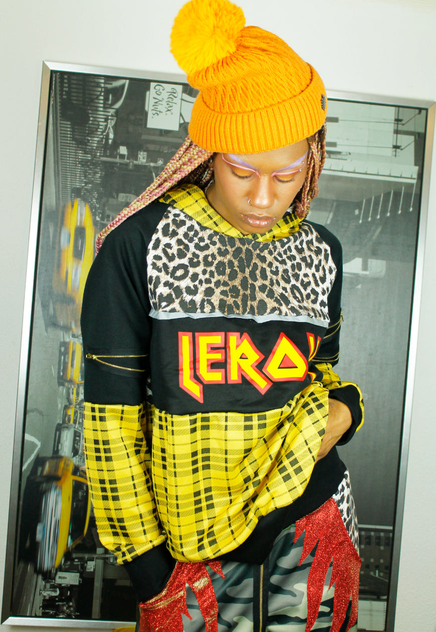 ROCKSTAR Grunge yellow tartan and leopard Hoodie with logo panel