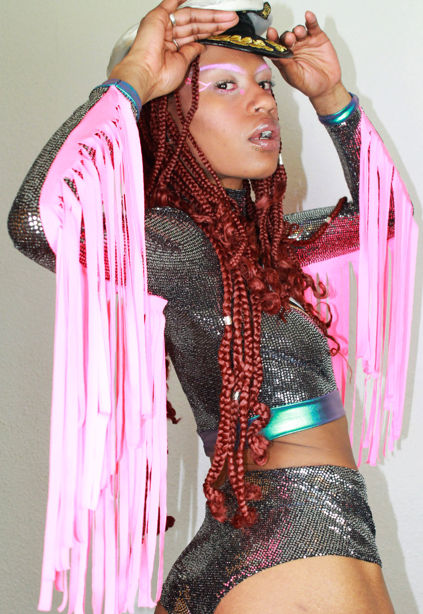 Voodoo Child Sequin top with Evil eye and Neon Pink Fringing
