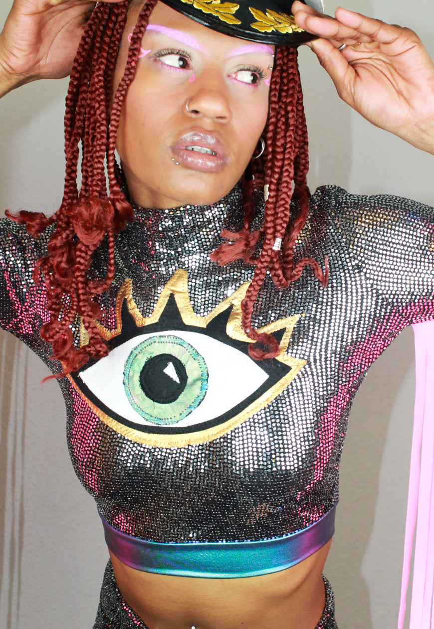 Voodoo Child Sequin top with Evil eye and Neon Pink Fringing