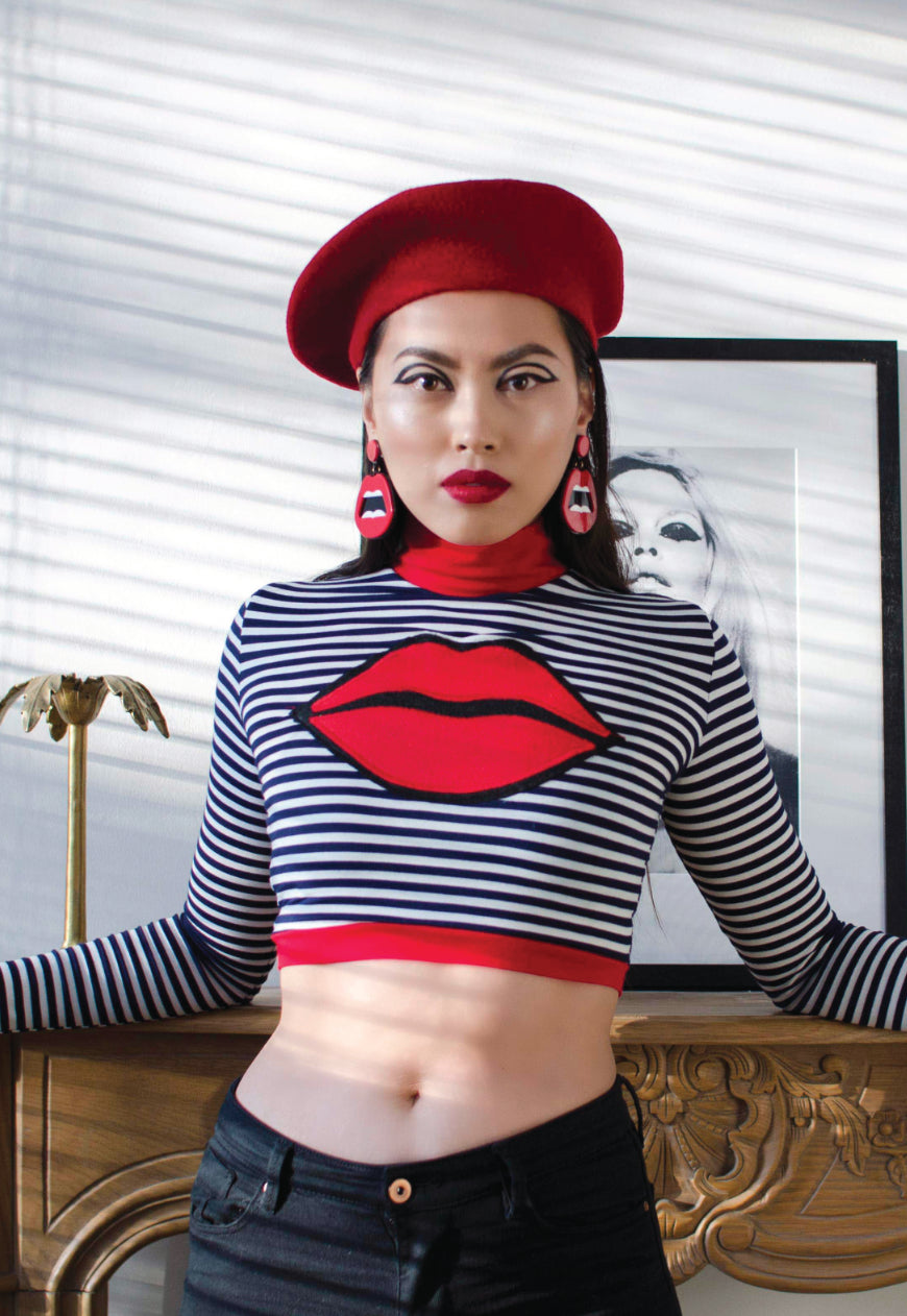 French Kiss - striped crop top with red lips applique