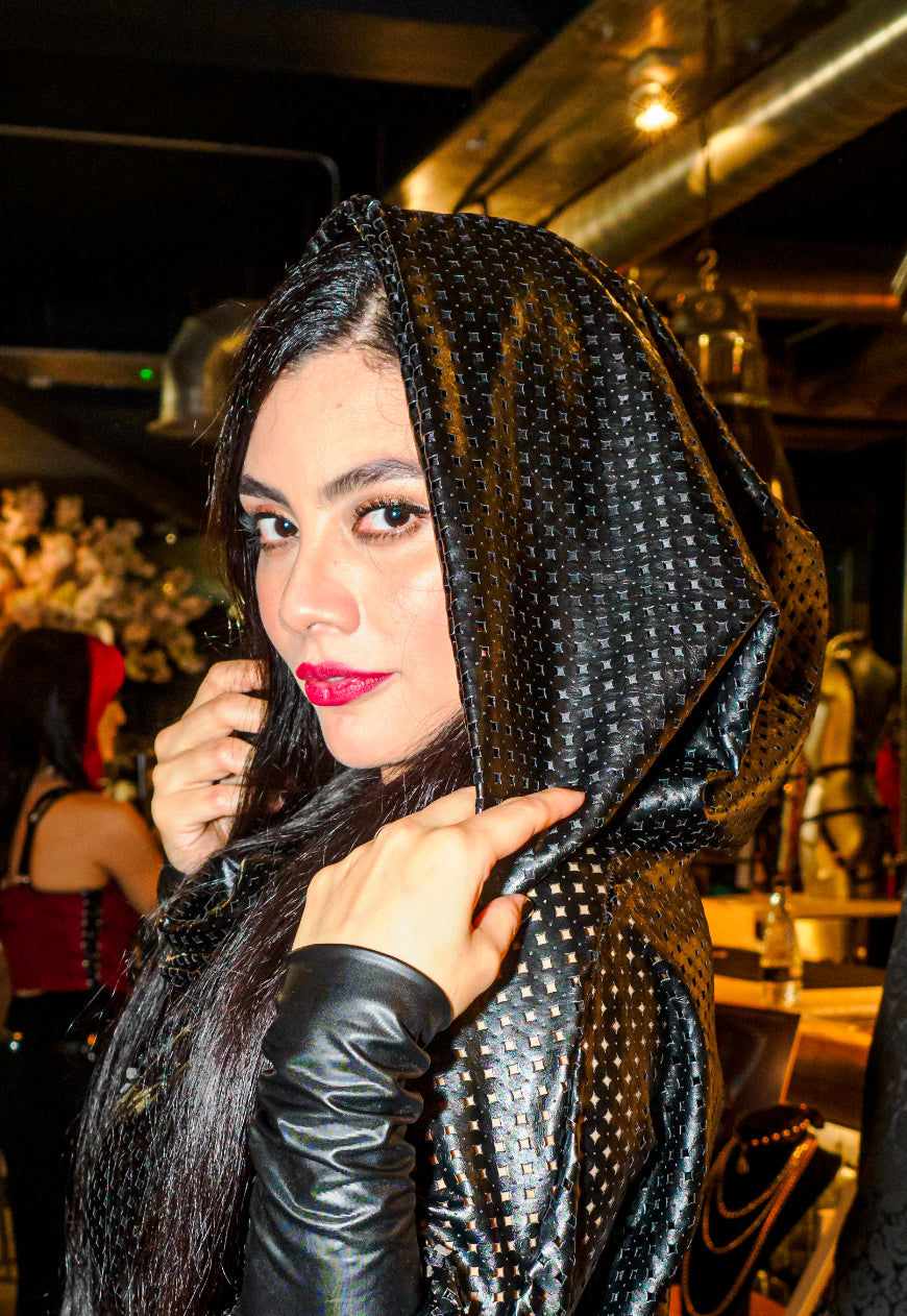 Venus Hooded Bodysuit in perforated PVC Vegan leather