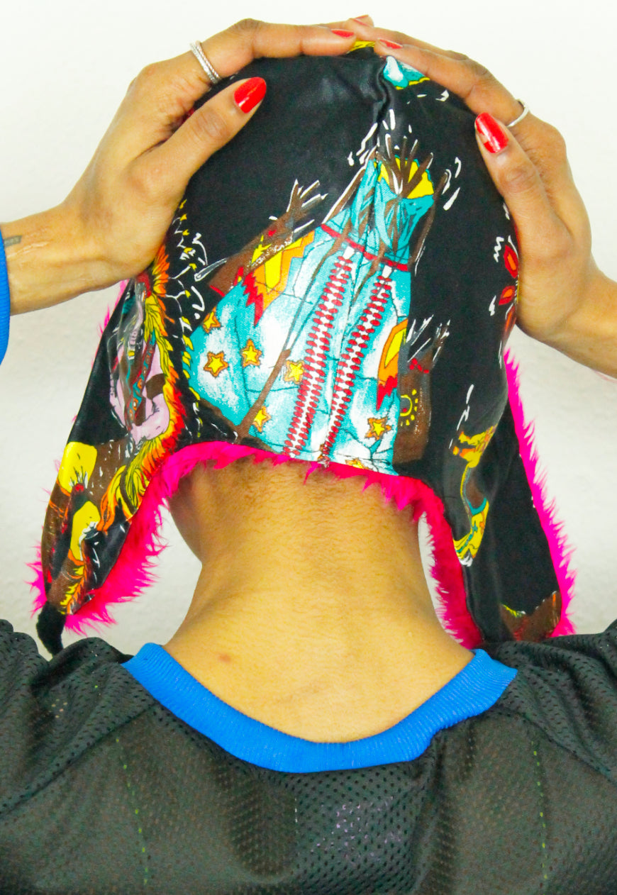 ALASKA - Black Satin Aztec and native print trapper hat with pink fur